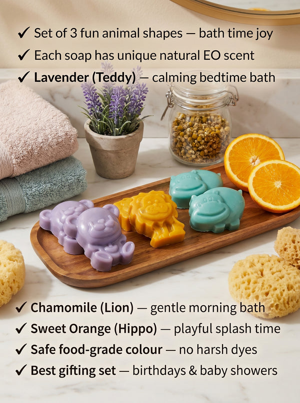 Saukhya Baby Animal Soap Set — Teddy, Lion & Hippo (Set of 3)